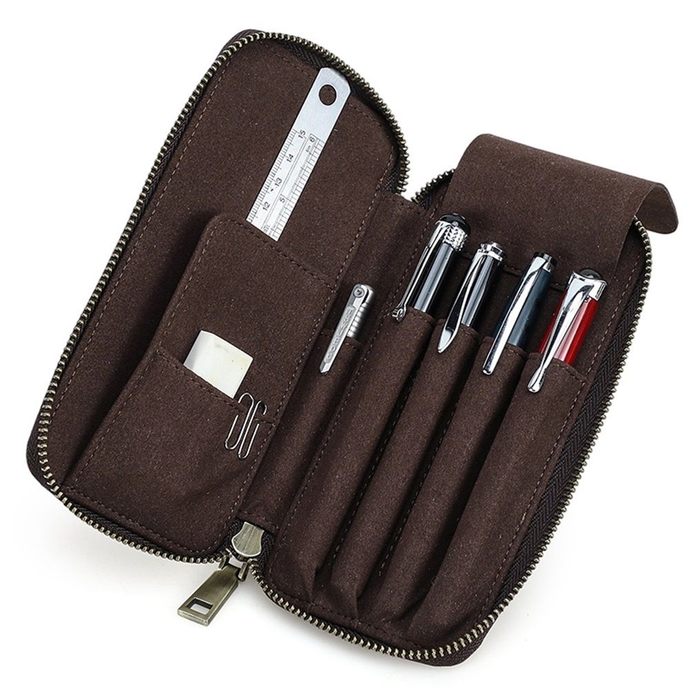 Top Grain Genuine Leather 4 Fountain Pen/Pencil Case Pouch, Handmade Minimalist Design, Zipper Closure with Multi-Function & Slots, Gift Choice for Man/Woman/Office, Matte Coffee, 4 Slots