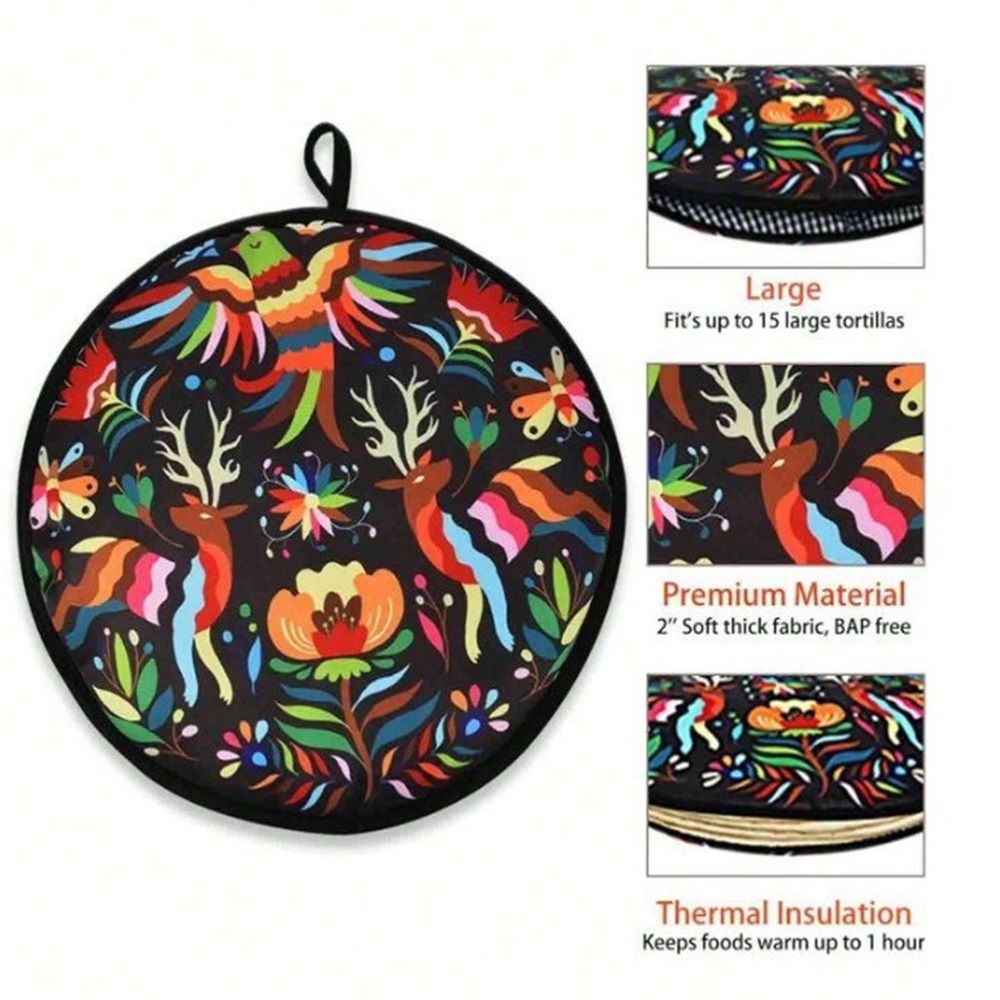 2 Pcs 12 Inch Tortilla Warmer, Tortilla Warmer Pouch for Tortillas, Tacos, Pizza Rolls, Insulated & Microwaveable Fabric Pouch Keeps Warm, Colorful Bird (Black)