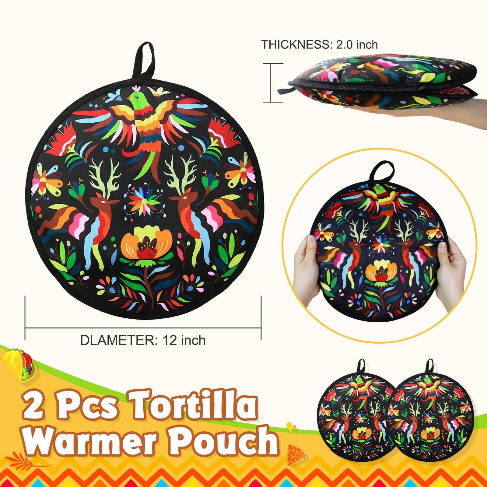 2 Pcs 12 Inch Tortilla Warmer, Tortilla Warmer Pouch for Tortillas, Tacos, Pizza Rolls, Insulated & Microwaveable Fabric Pouch Keeps Warm, Colorful Bird (Black)