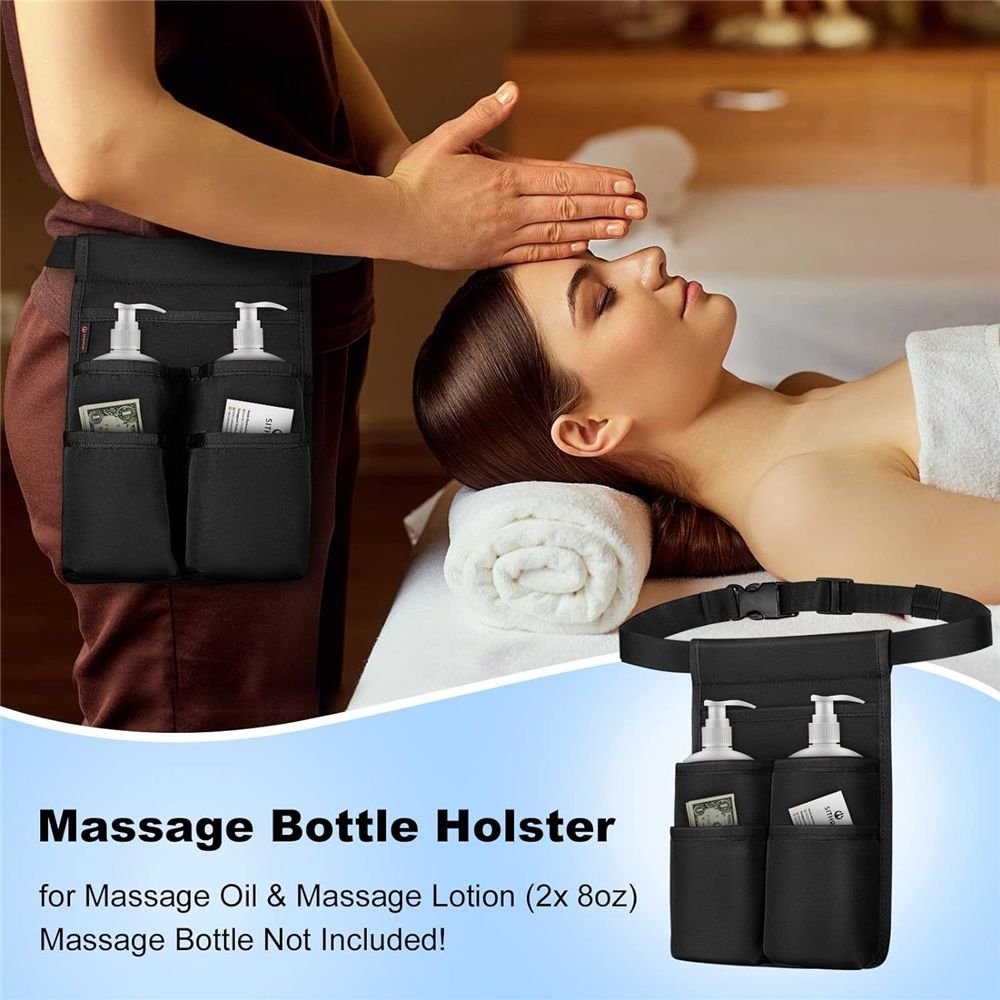 Massage Bottle Bag, Professional Massage Therapist Holster for 2 Bottles, Lotion Oil Waist Holder Organizer with Adjustable Belt, Multiple Pockets (Bag Only) (Black)