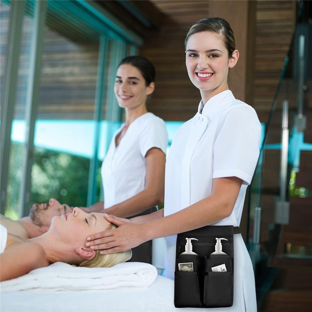 Massage Bottle Bag, Professional Massage Therapist Holster for 2 Bottles, Lotion Oil Waist Holder Organizer with Adjustable Belt, Multiple Pockets (Bag Only) (Black)