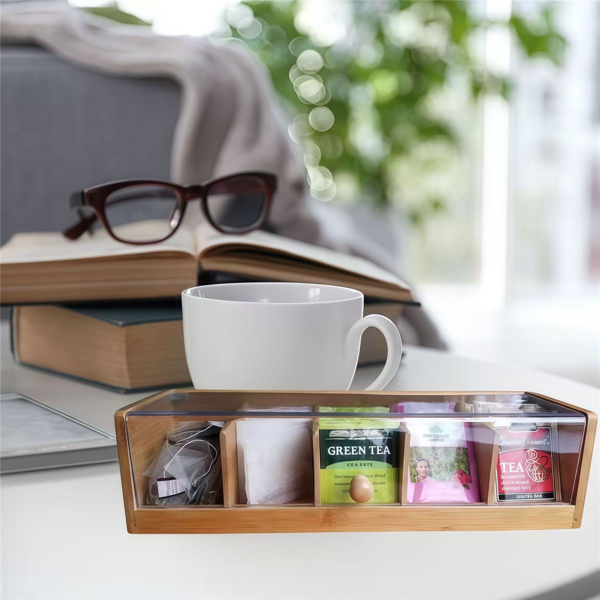 Bamboo Wood and Acrylic Tea Box with 5 Sections,Coffee Station Kitchen Tea Organizer with Compartments, 14.17" x 4.33" x 3.74"