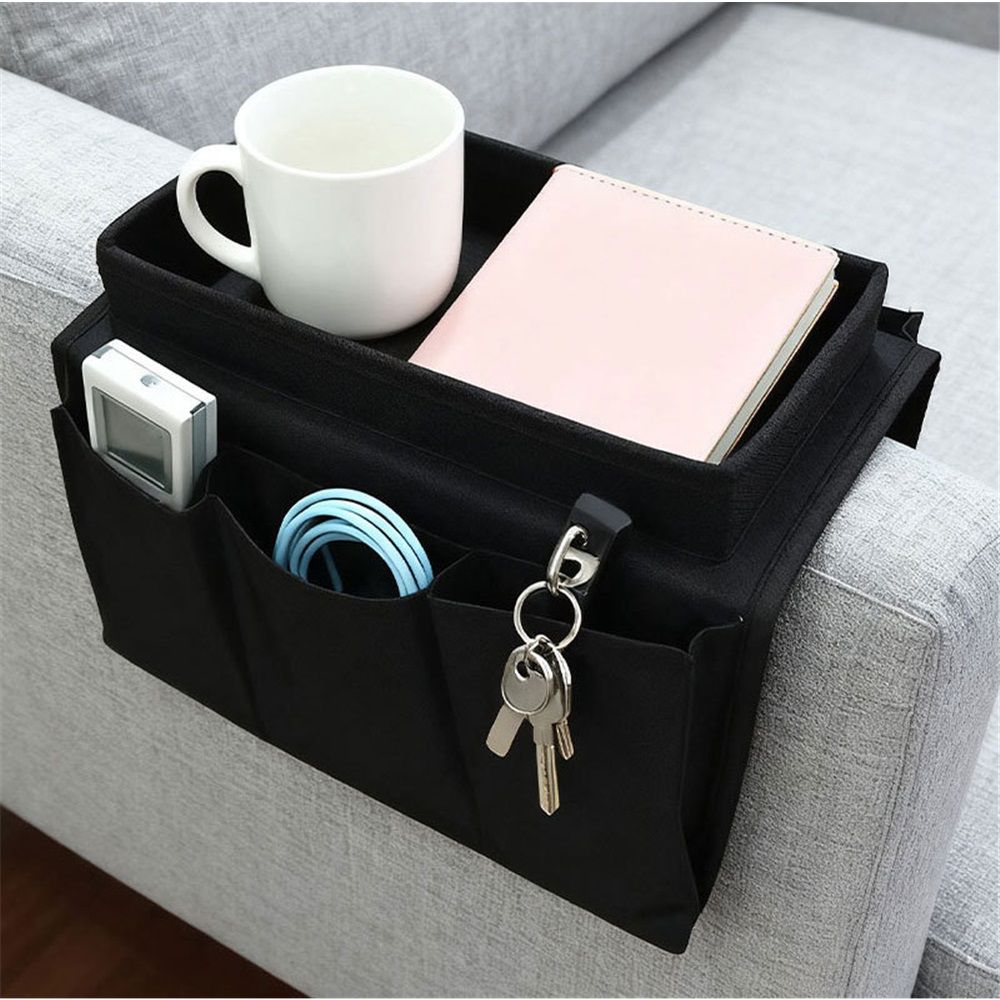 Sofa Armrest Organizer with Cup Holder Tray Chair Arm TV Remote Holder for Recliner Couch Armchair Caddy Bedside Storage Pockets Bag for Cellphone Tablet Book Magazines Drinks Pouch（black）