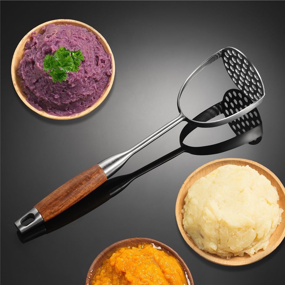 Potato Masher Stainless Steel, Manual Mashed Potato Masher,Wooden handle Potatoes Smasher Kitchen Tool for Avocado,Potatoes, Vegetables, 12.6Inch Long handle Large Heavy Duty Mashing Utensil