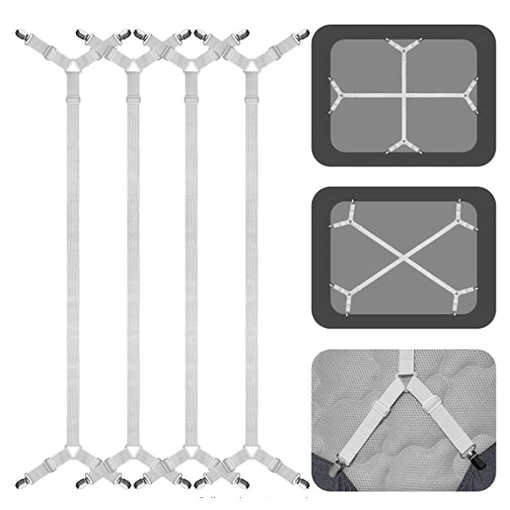 Triangle Bed Sheet Fastener Adjustable Holder Straps for a Smooth Mattress, Adjustable Mattress,Sheet Clips,Under Mattress Bed/Fitted Sheet Fastener,Long Strap Clip Bands,4 Pieces (White)