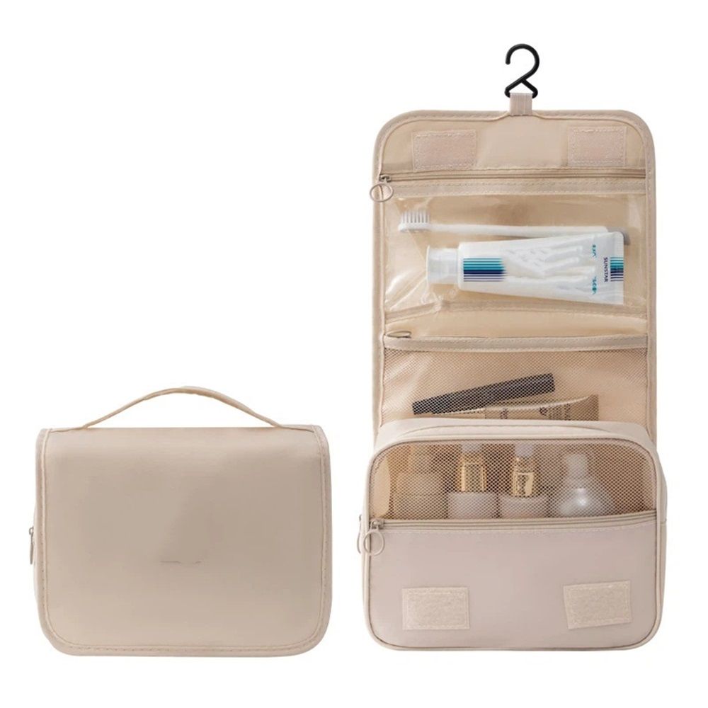 1 pack all Hanging Travel Toiletry Bag, Foldable Cosmetic Bag with Multiple Compartments, Water-Resistant Makeup Bag for Toiletries, Accessories (Beige,only bag)