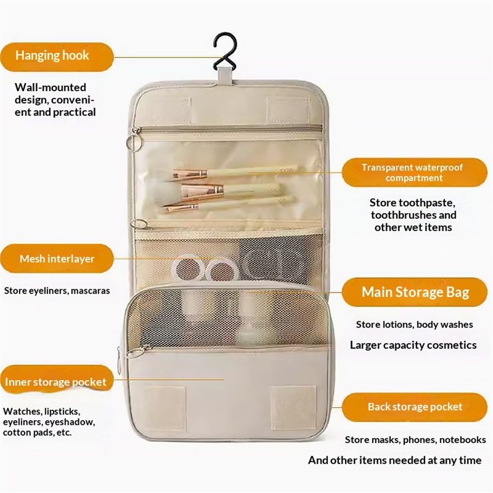 1 pack all Hanging Travel Toiletry Bag, Foldable Cosmetic Bag with Multiple Compartments, Water-Resistant Makeup Bag for Toiletries, Accessories (Beige,only bag)