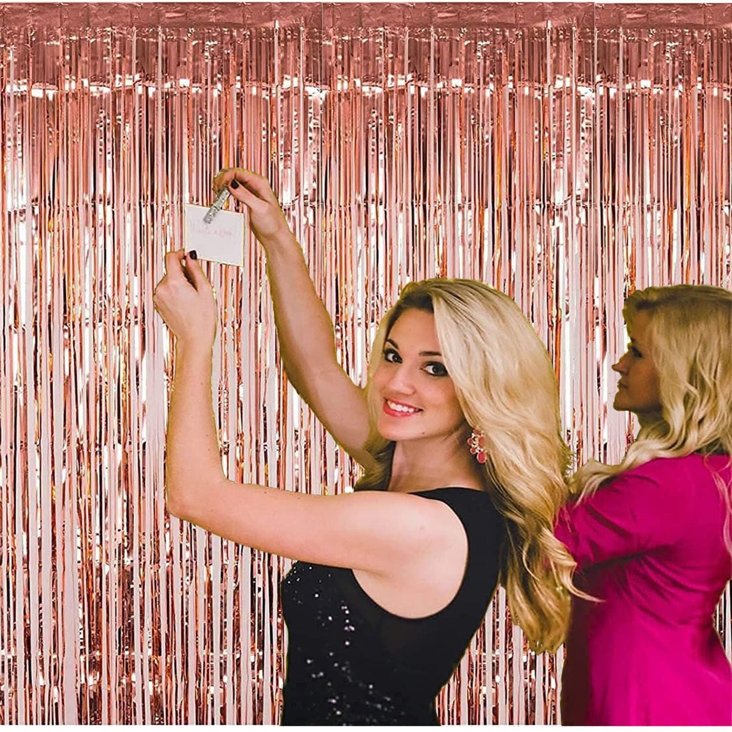 Rose Gold Christmas Foil Fringe Curtains Christmas Party Decoration, 3 Pcs 3.3ft x6.6ft Photo Booth Backdrop, Streamers Backdrop for Bachelorette Graduation Wedding Birthday