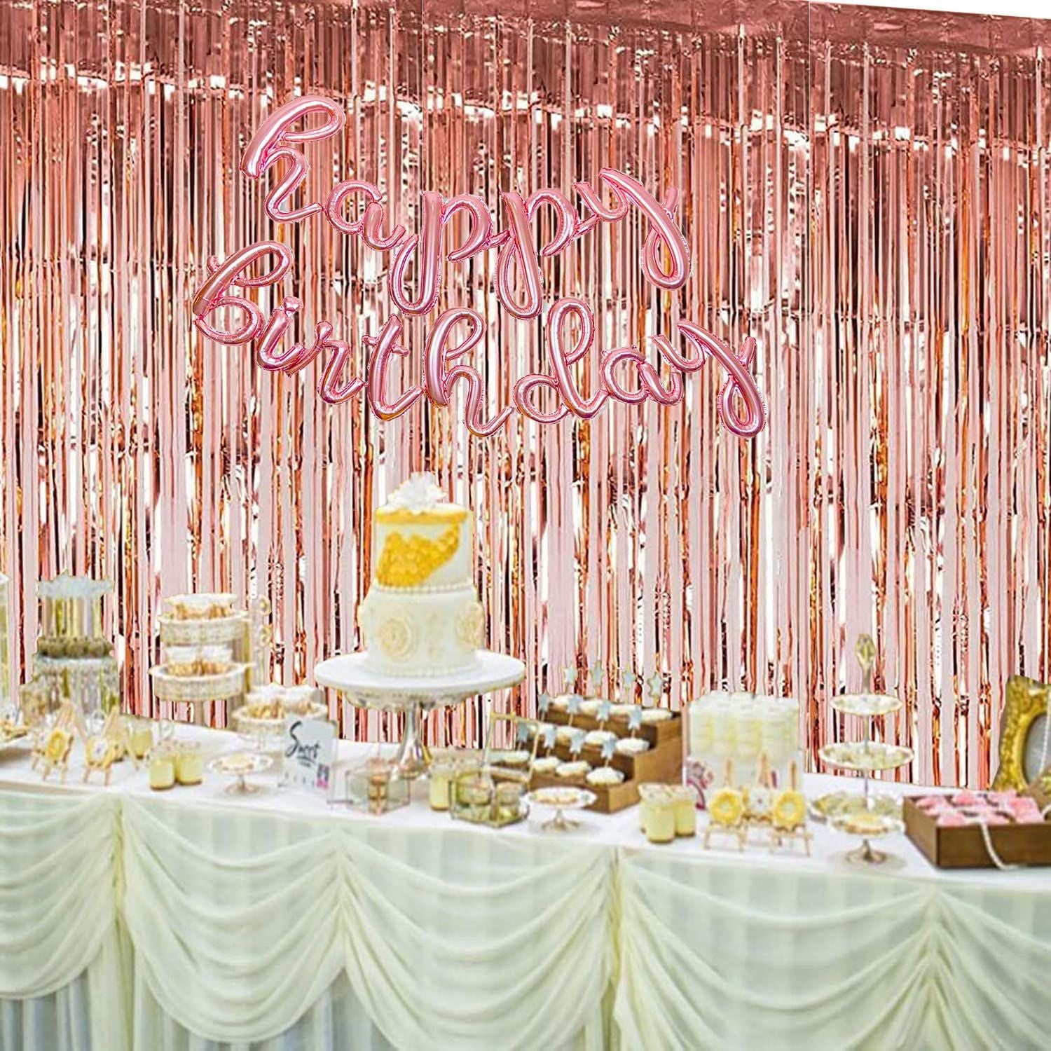 Rose Gold Christmas Foil Fringe Curtains Christmas Party Decoration, 3 Pcs 3.3ft x6.6ft Photo Booth Backdrop, Streamers Backdrop for Bachelorette Graduation Wedding Birthday