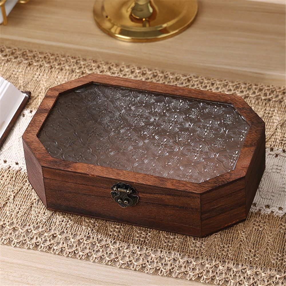 Wooden Glass Top Jewelry Display Case with Hinge ,Dark Brown Color, for Jewelry Cosmetics Stationery Organization (Medium)