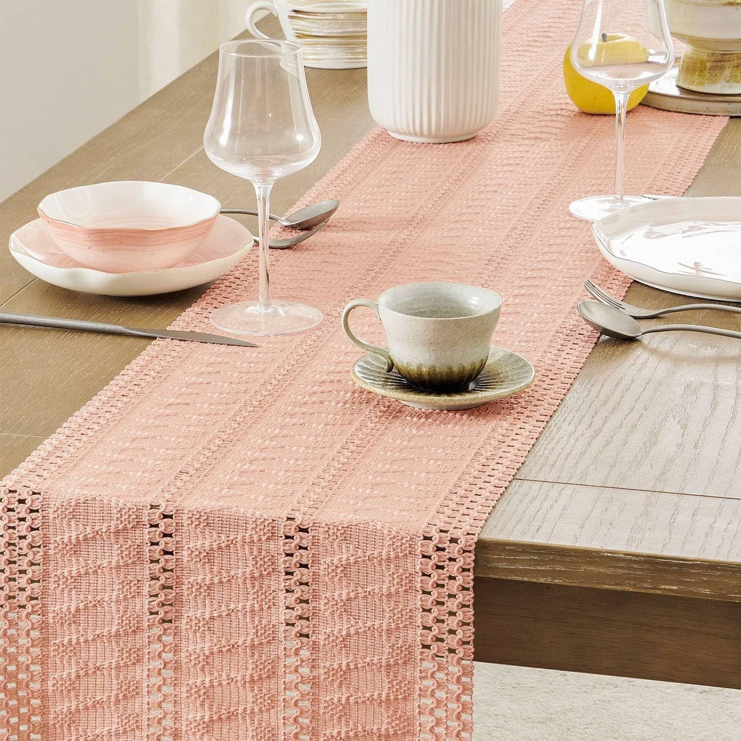 Style Boho Table Runner, Pink Table Runners 90 Inches Long, Farmhouse Woven Home Decor, 12x90 Inch, Rose Pink