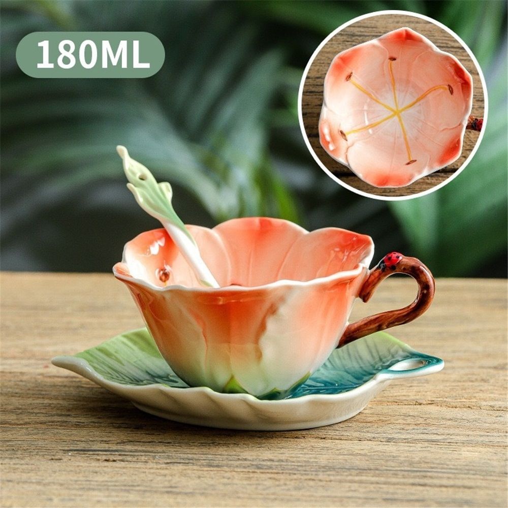 3D Ceramic Coffee Mug and Saucer Set with Spoon Flower Leaf Coffee Mug Tea Cup with Decorative Handle Vintage Floral Drinking Cups Unique Gifts for Birthday Wedding Christmas 6oz Pink