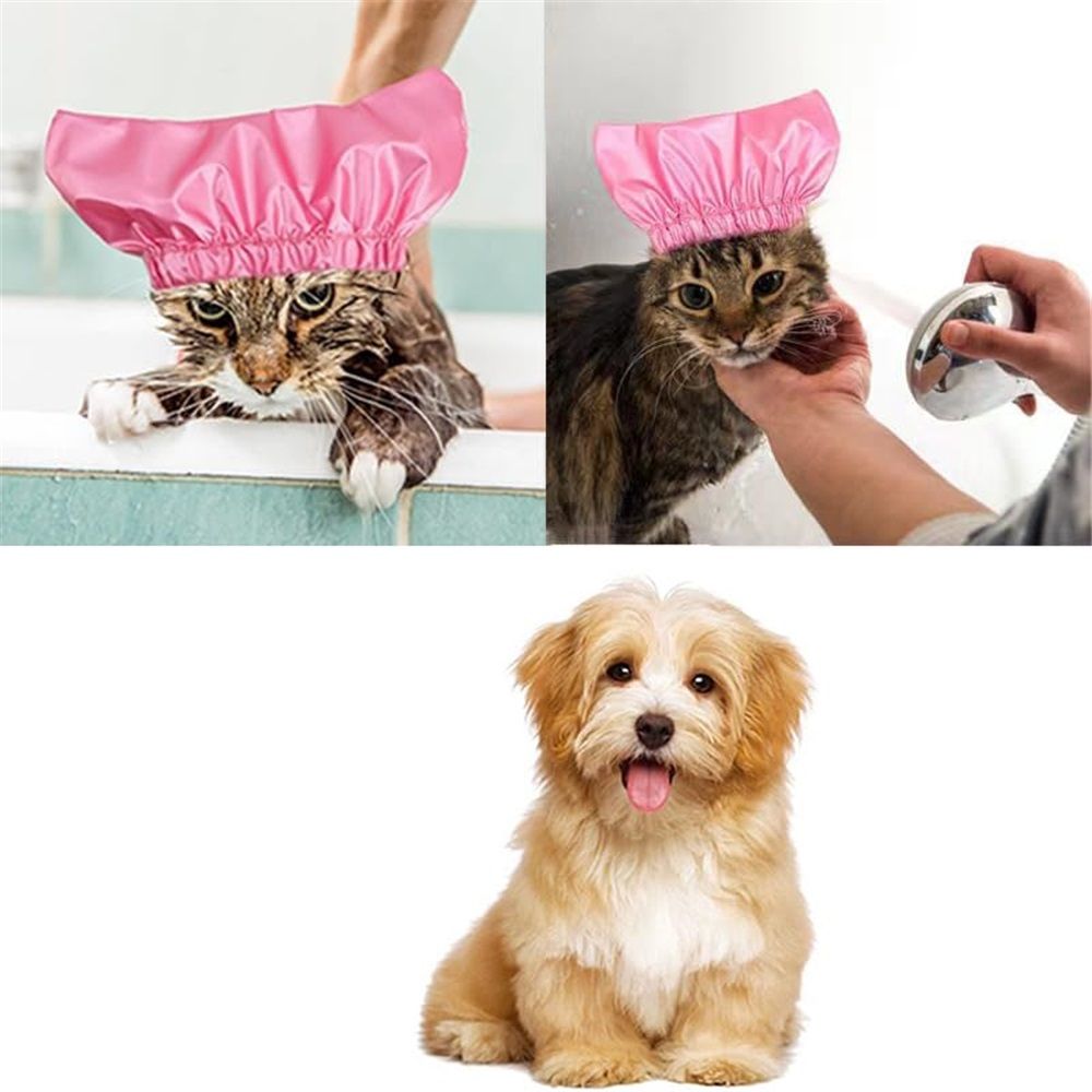 2 pack Dog Shower Cap, Cat Ear Cover for Bath, Waterproof Dog Helmet and Adjustable Pet Earmuffs for Grooming Reusable Ear Protection for Dogs and Cats, Pink（S）