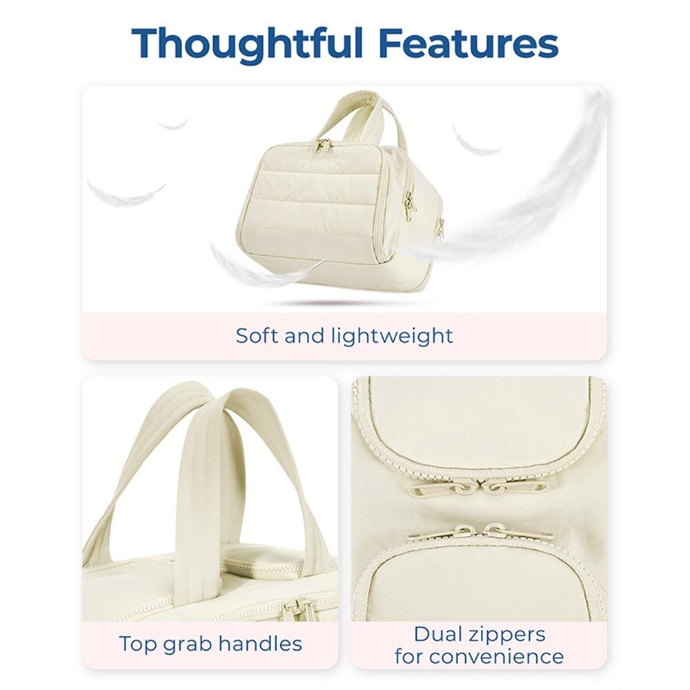 Travel Toiletry Bag for Women, Large Wide-open Puffy Cosmetic Makeup Bag with Wet-Dry Separation, Multi-Pocket Organizer with Carry Handle for Toiletries, Cosmetics, Essentials, Beige