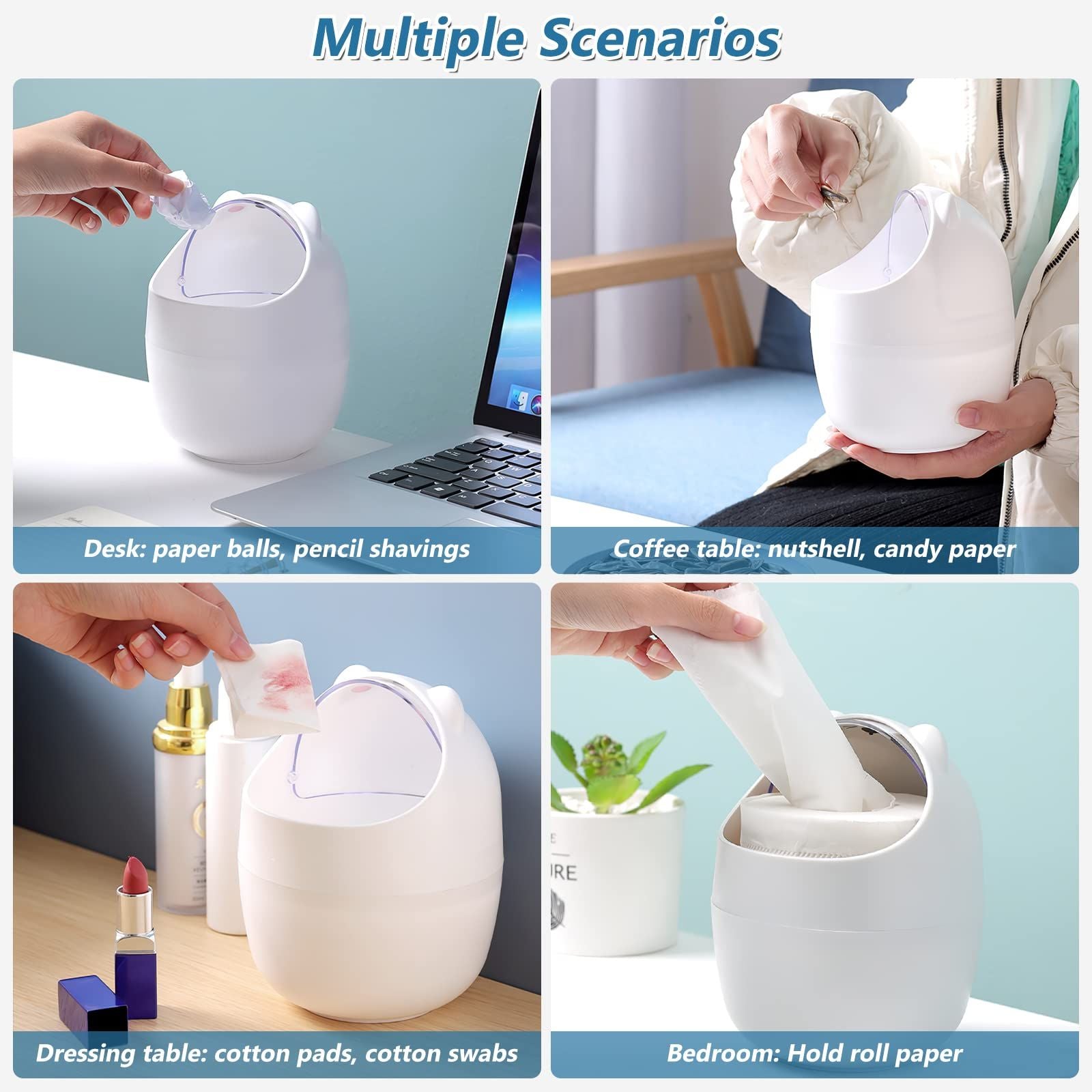 2 pack Mini Trash Can for Desk,6.1X4.33 Inch Garbage Can with Lid Cute Desktop Trash for Home Kitchen Office Bedroom Car - White