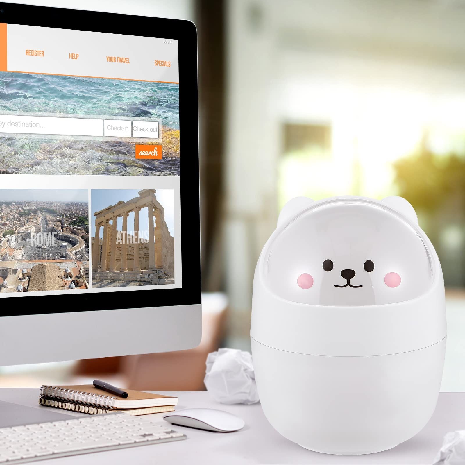 2 pack Mini Trash Can for Desk,6.1X4.33 Inch Garbage Can with Lid Cute Desktop Trash for Home Kitchen Office Bedroom Car - White