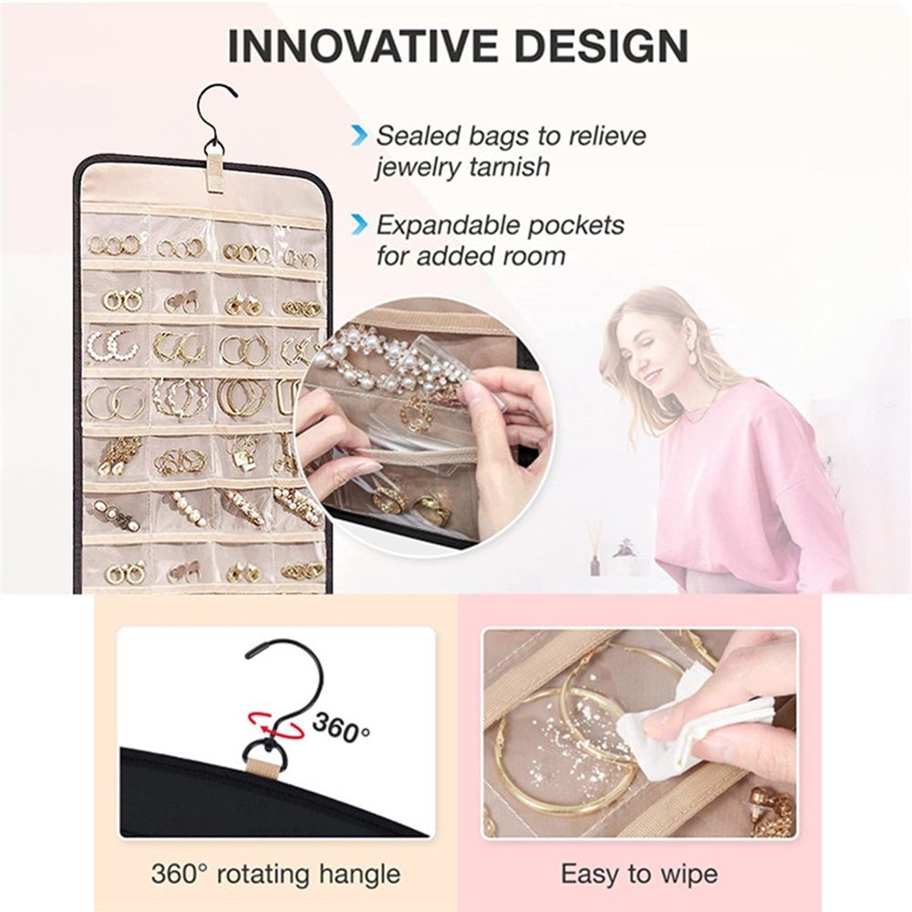 48 Pocket Oxford Fabric Double Sided Hanging Rotating Jewelry Organizer with Hanger Hooks for Earrings, Necklaces, Rings, Bracelets and Other Jewelry Storage（Excluding jewelry）