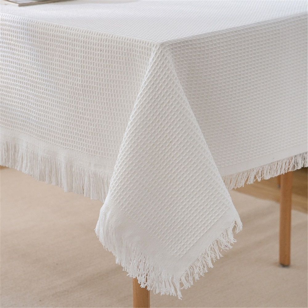 Polyester-cotton Fringed Home Rectangular Tablecloth,Outdoor Party Table Table Cloth for Dining Kitchen Room,White Table Cover Tablecloth Washable (White, 51"x 70")