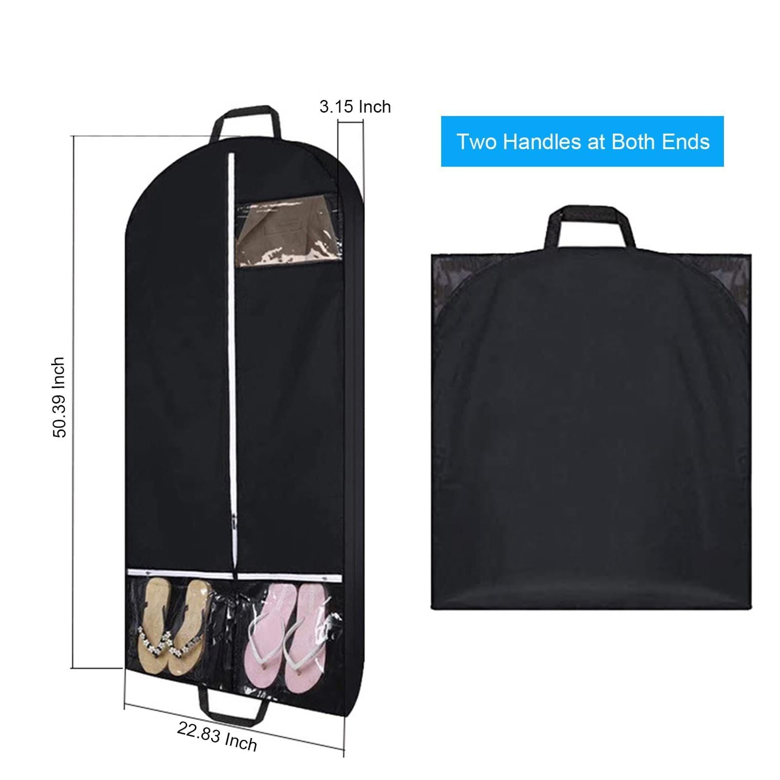 2 pack 50" Garment Bags for Travel and Clothes Storage with 2 Clear Pockets, Hanging Clothes Cover Suit Bag for Closet Storage with Handles for Suits, Dress, Coats (Black,only bag)