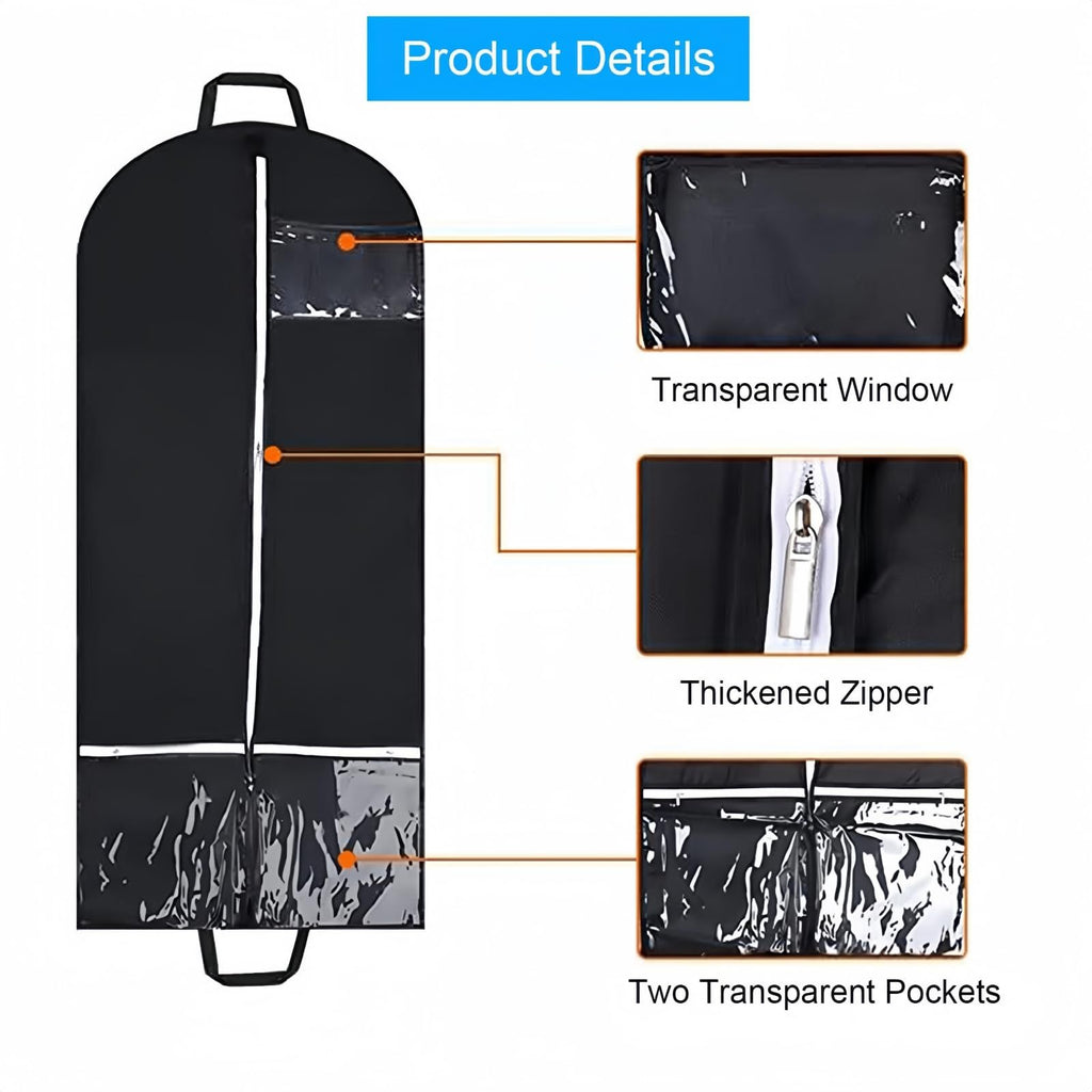 2 pack 50" Garment Bags for Travel and Clothes Storage with 2 Clear Pockets, Hanging Clothes Cover Suit Bag for Closet Storage with Handles for Suits, Dress, Coats (Black,only bag)