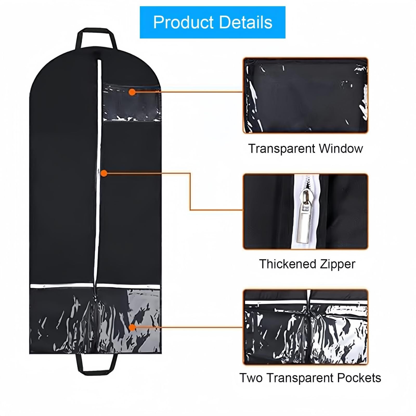 2 pack 50" Garment Bags for Travel and Clothes Storage with 2 Clear Pockets, Hanging Clothes Cover Suit Bag for Closet Storage with Handles for Suits, Dress, Coats (Black,only bag)