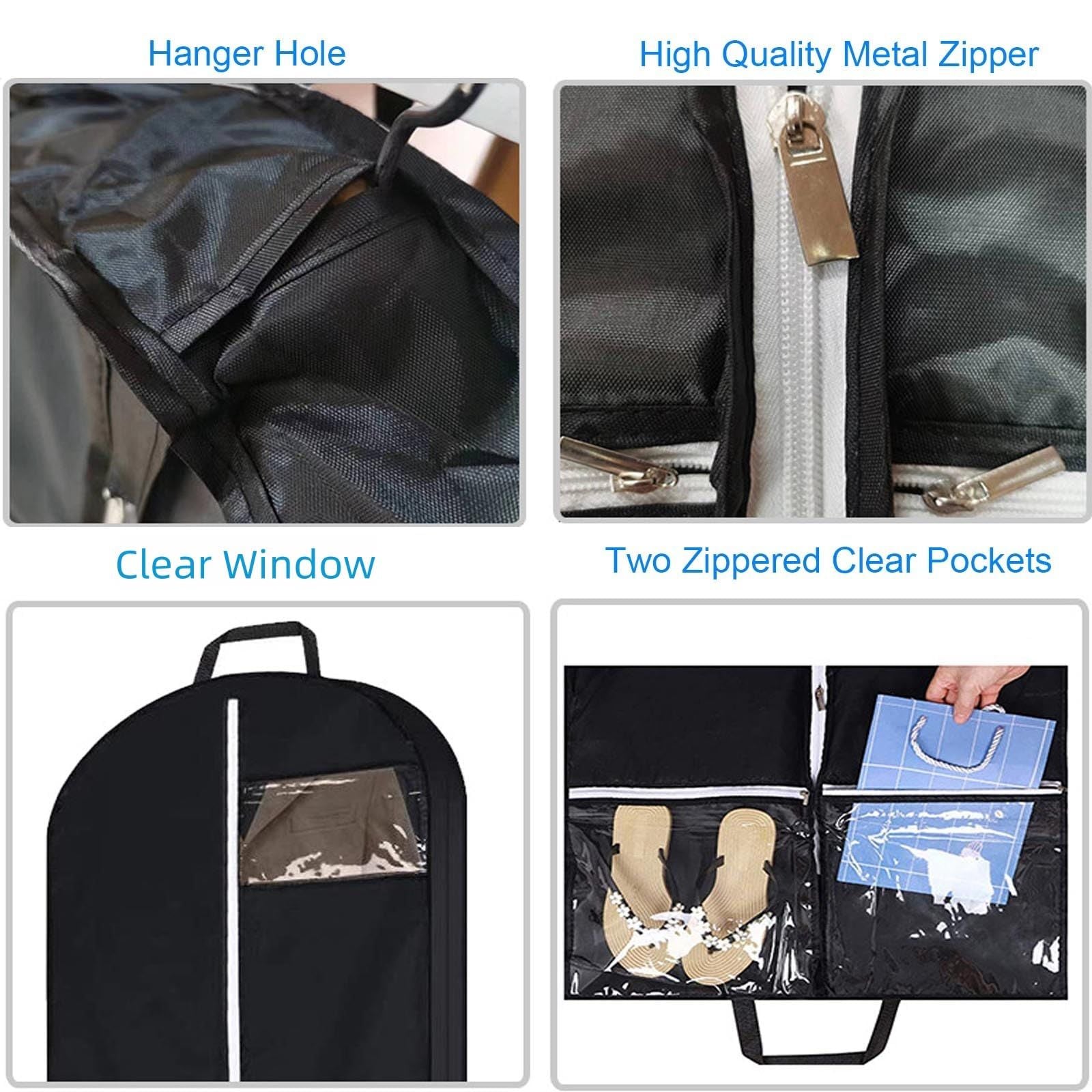 2 pack 50" Garment Bags for Travel and Clothes Storage with 2 Clear Pockets, Hanging Clothes Cover Suit Bag for Closet Storage with Handles for Suits, Dress, Coats (Black,only bag)