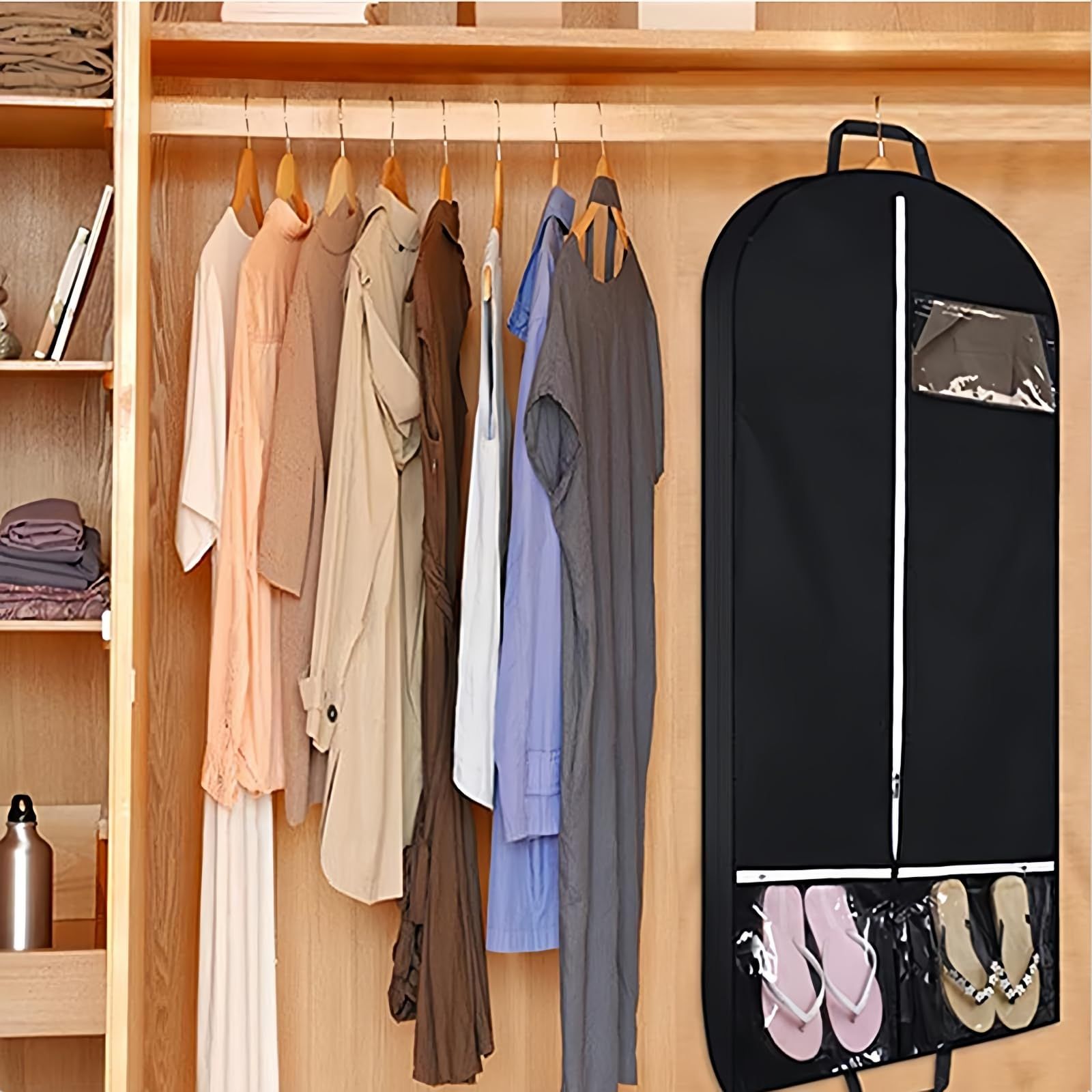 2 pack 50" Garment Bags for Travel and Clothes Storage with 2 Clear Pockets, Hanging Clothes Cover Suit Bag for Closet Storage with Handles for Suits, Dress, Coats (Black,only bag)