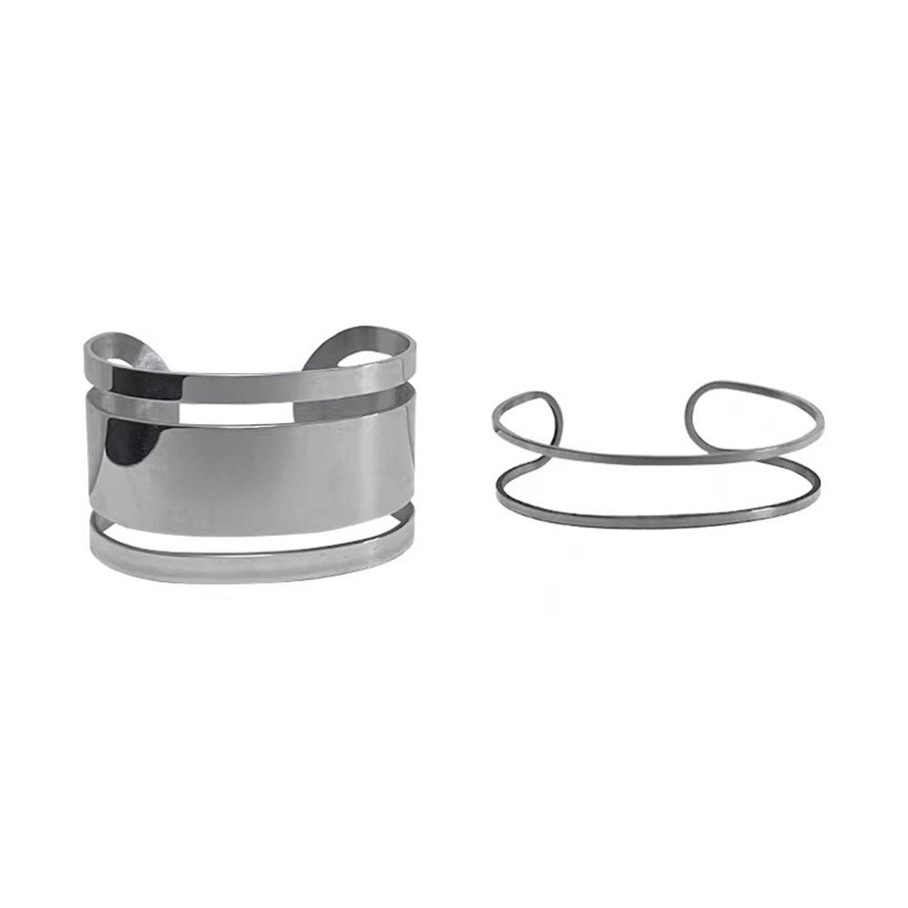 2 set Punk Titanium Steel Hollow Geometric Smooth Polished Gold Hoop Open Cuff Wide Bracelet Bangle Wrist Jewelry for Women Lady