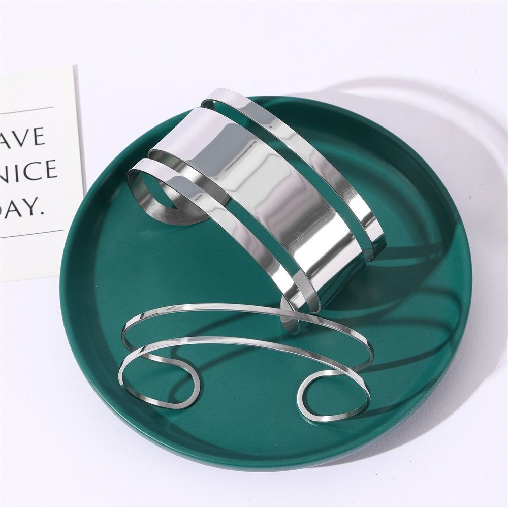 2 set Punk Titanium Steel Hollow Geometric Smooth Polished Gold Hoop Open Cuff Wide Bracelet Bangle Wrist Jewelry for Women Lady