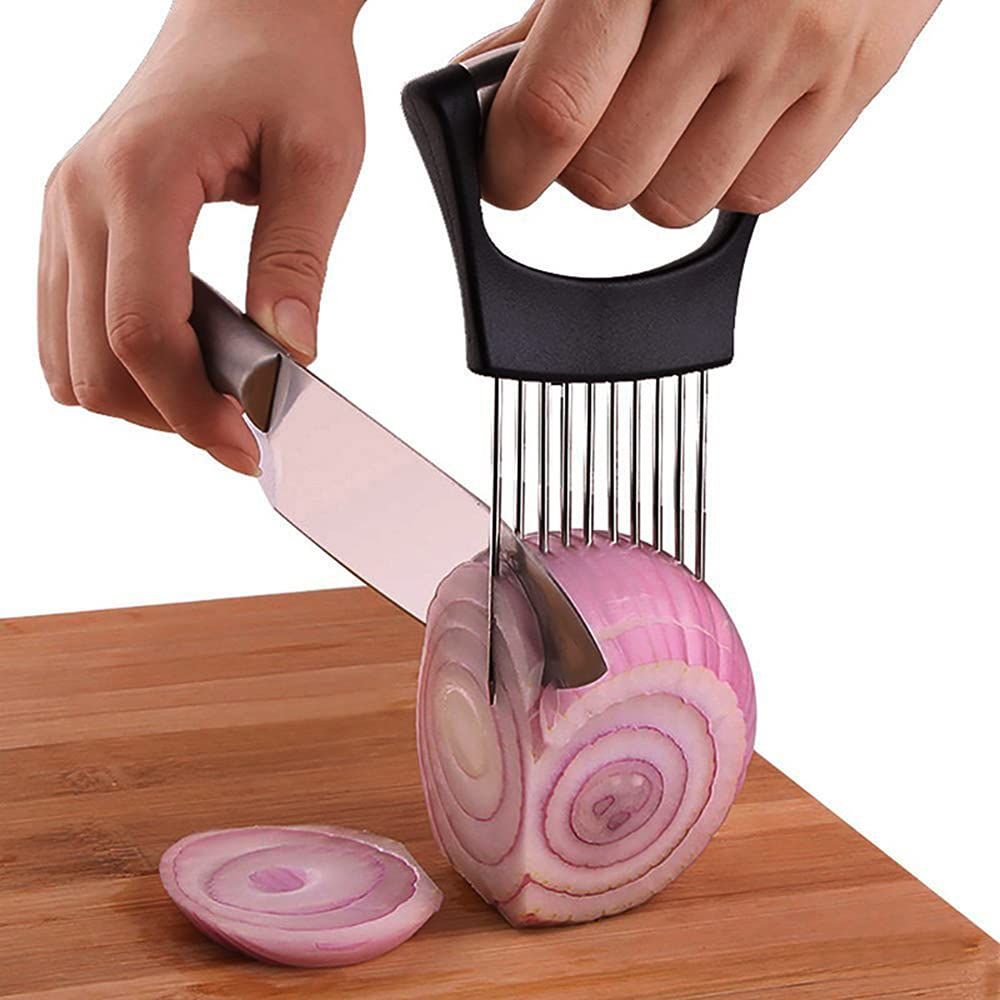 2 pack Onion Cut Tomato Slicer Lemon Handy Kitchen Slicing Tool With 10 Even Prongs For Onion Lemon Potato Tomato Slices And Can Be Used To Assist In Cutting Fish, Meat Or Loosen Meat (Black)