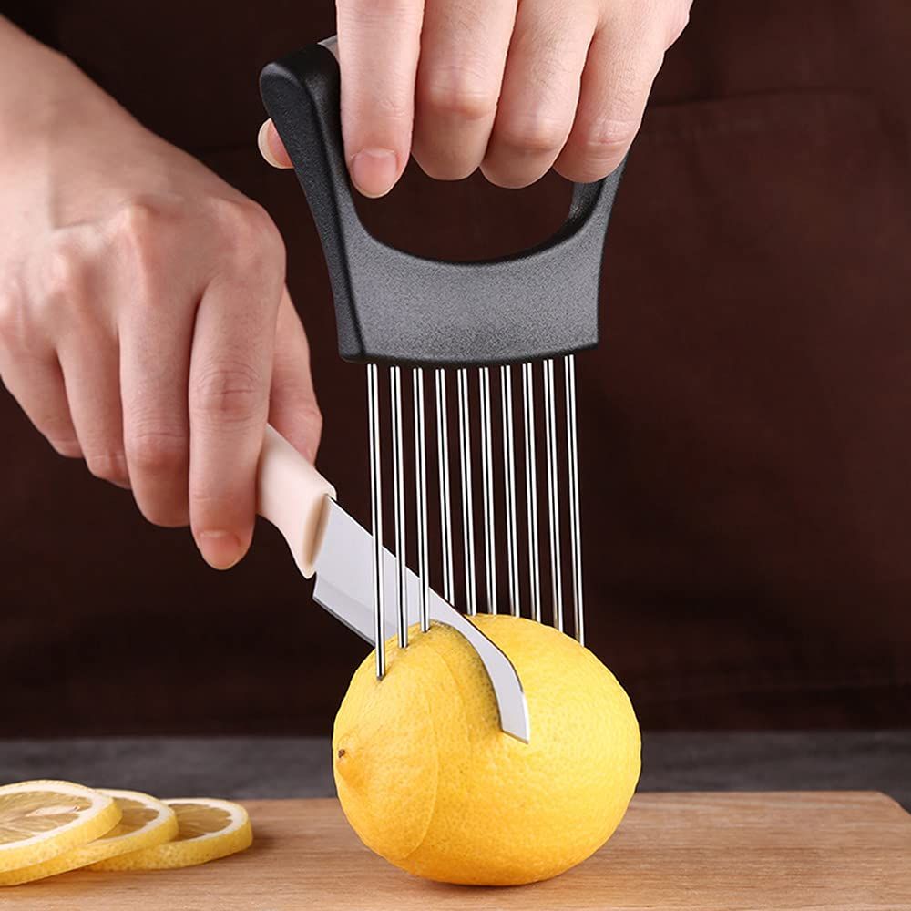 2 pack Onion Cut Tomato Slicer Lemon Handy Kitchen Slicing Tool With 10 Even Prongs For Onion Lemon Potato Tomato Slices And Can Be Used To Assist In Cutting Fish, Meat Or Loosen Meat (Black)