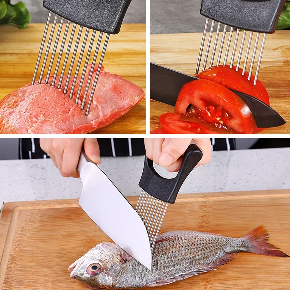 2 pack Onion Cut Tomato Slicer Lemon Handy Kitchen Slicing Tool With 10 Even Prongs For Onion Lemon Potato Tomato Slices And Can Be Used To Assist In Cutting Fish, Meat Or Loosen Meat (Black)