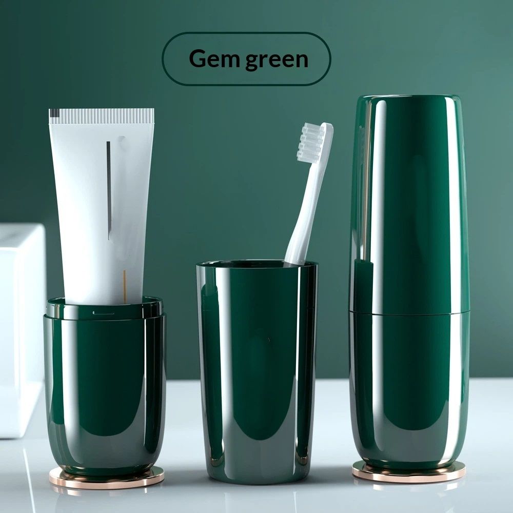 Luxury Green Toothbrush Travel Case, Portable Travel Toothbrush & Toothpaste Holder Cover Organizer Container with Mouthwash Cup for School, Camping, Business Trip, Bathroom Storage（only one mouthwash cup）