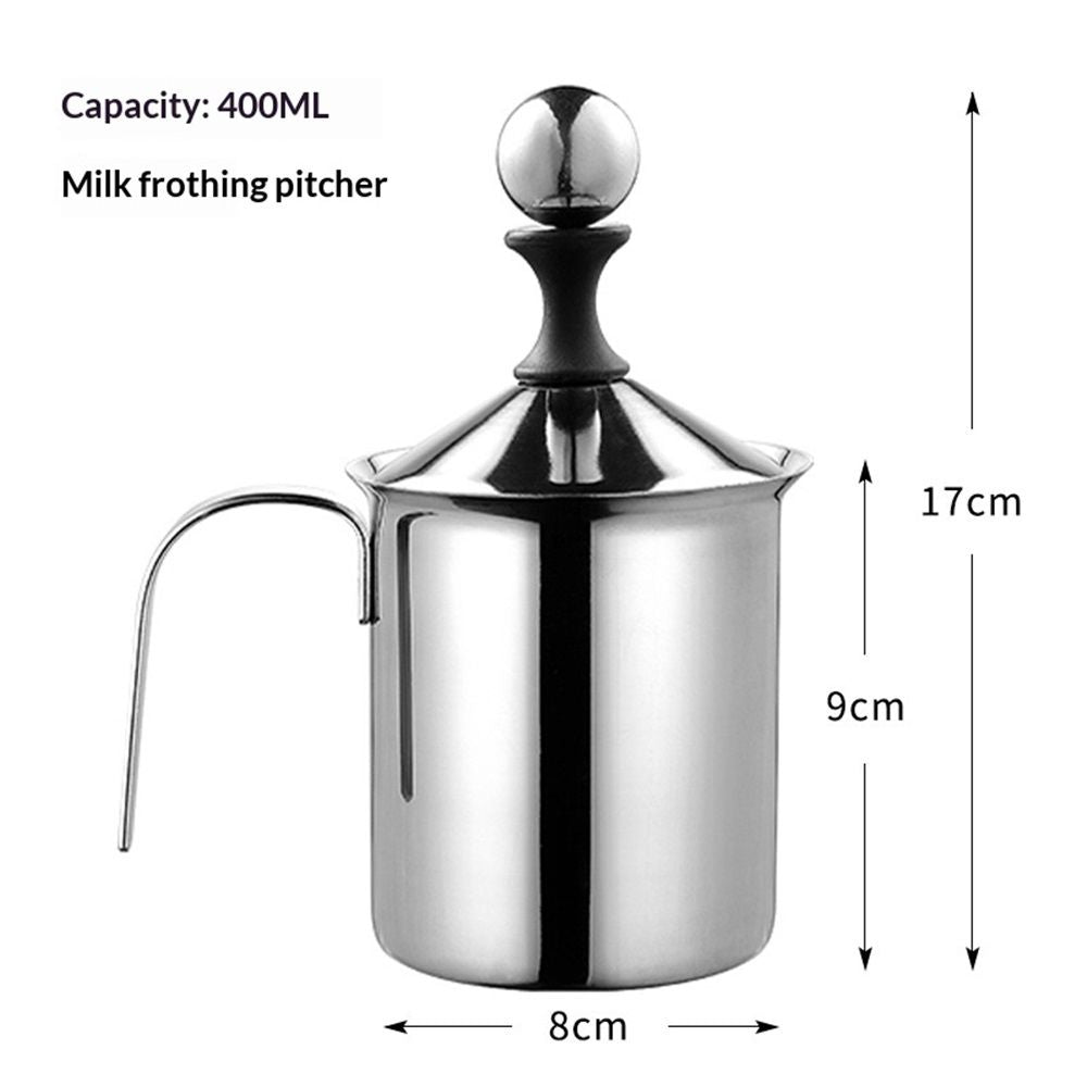 Milk Frother, Stainless Steel Manual Milk Foamer, Handheld Coffee Milk Frothing Pitchers, Manual Operated, with Double froth screen, for Cappuccino Coffee Latte Hot Chocolate (400ML)