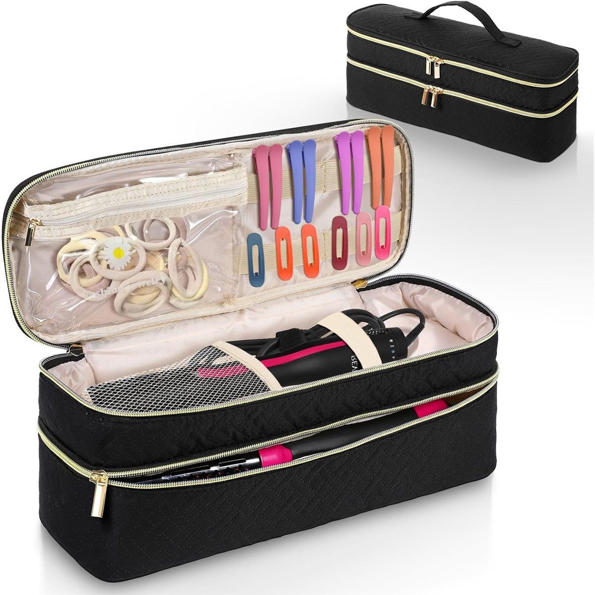 Travel Carrying Case Compatible with Hair Dryer Brush/Volumizer/Styler/Hot Tools,Double-Layer Storage Organizer Bag ,Black(Bag Only)