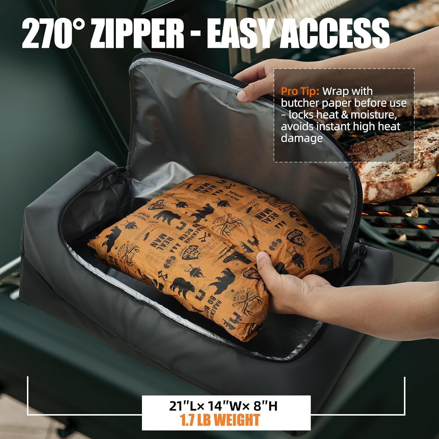 BBQ Blanket for Resting Meat, Leak-Proof Insulated Meat Resting Bag, 270° Top Opening for Large Briskets, Turkey, Washable Smoker Accessories Gifts for Men or BBQ Lovers - 21in