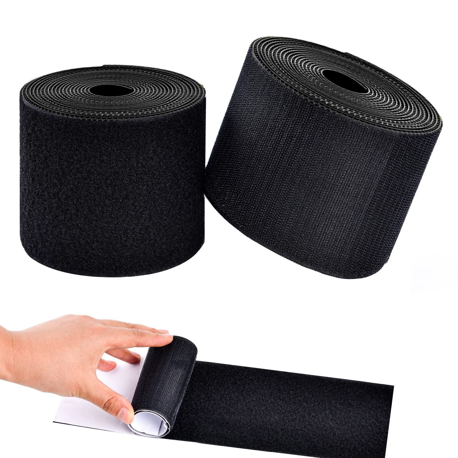 4 Inch x 16.4 Feet Black Adhesive Hook Loop Tape Heavy Duty, Multi-Purpose Carpet Anti Slip Rug Gripper, Double Sided Hook Loop Rolls, Couch Cushion Grip, Bulk Sticky Straps Wall Hanging Strips