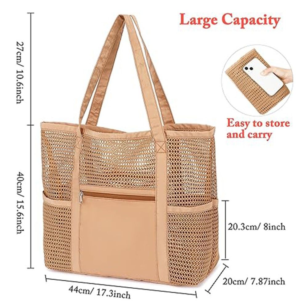 Mesh Beach Tote Bags for Womens, Causal Pool Bags for Swimming Pools Vacations Beach Essentials, brown