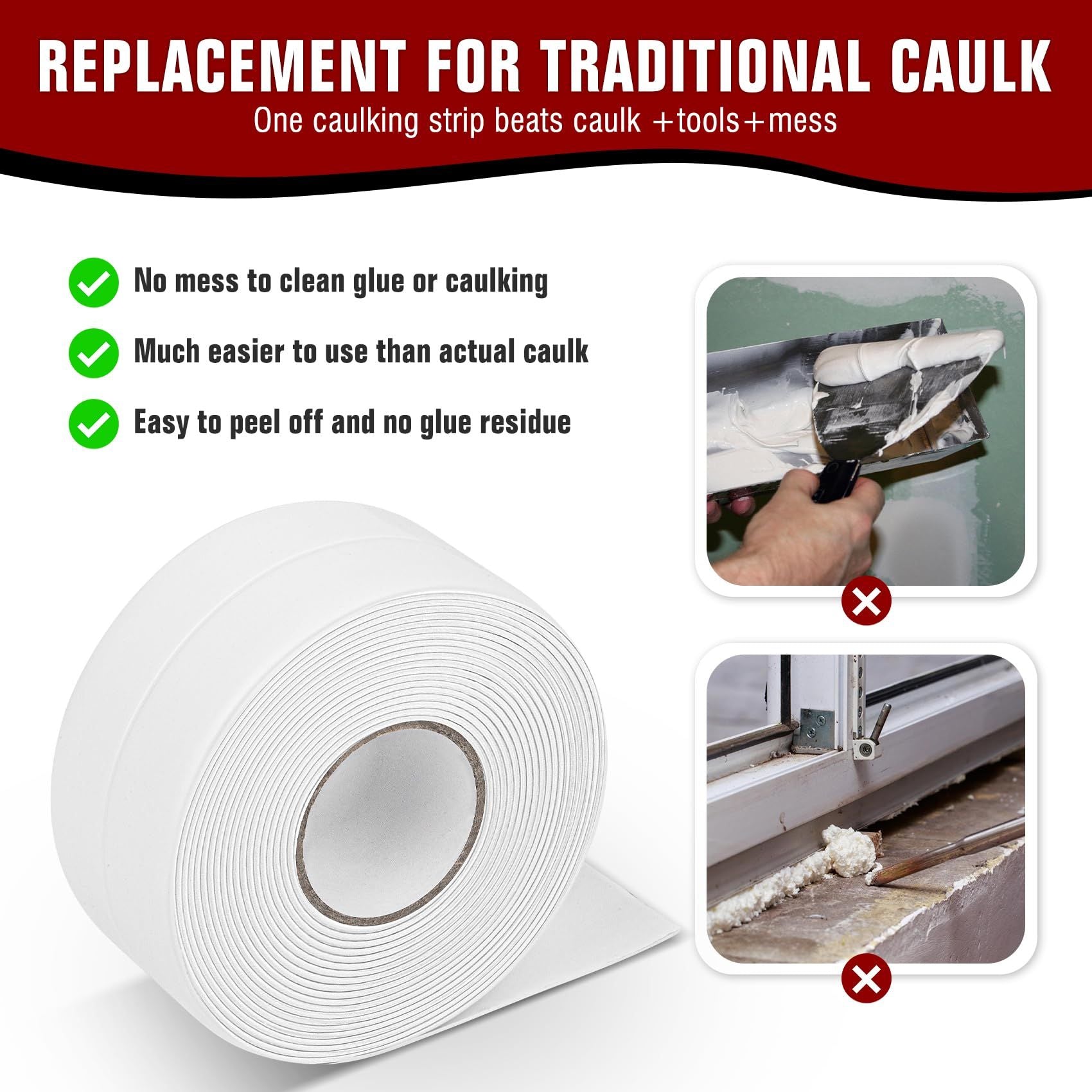 2 roll White Waterproof Caulk Tape, Self-Adhesive for Toilet, Tub, Kitchen, Corners,Bathroom Surfaces, Easy Application, 3.2m*3.8cm