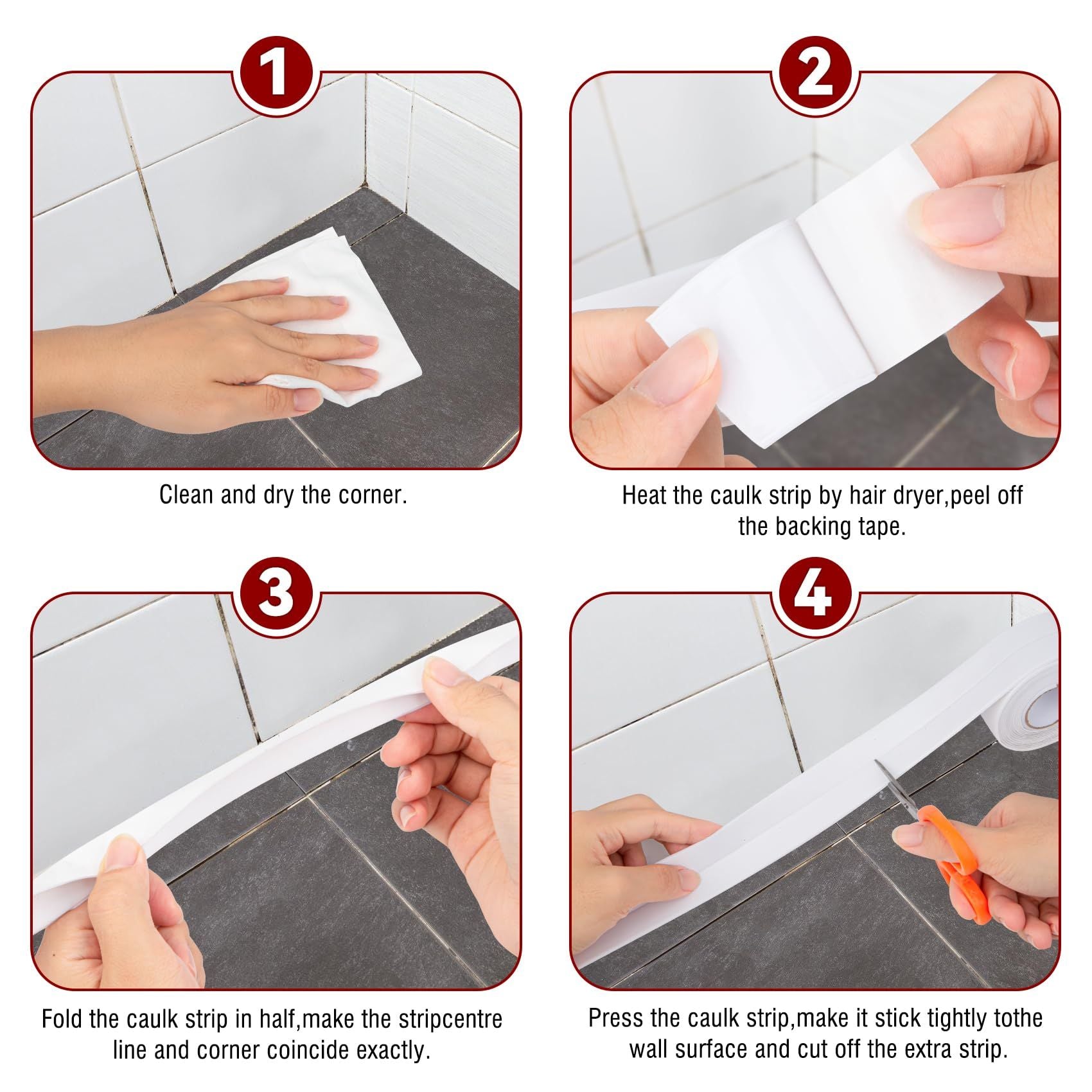 2 roll White Waterproof Caulk Tape, Self-Adhesive for Toilet, Tub, Kitchen, Corners,Bathroom Surfaces, Easy Application, 3.2m*3.8cm