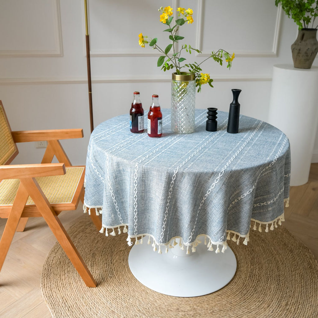 Rustic Farmhouse Round Tablecloth Cotton Linen Grey Dust-Proof Washable Embroidery Table Cover Heavy Weight Table Cloth for Party Kitchen Dining Tabletop Decoration 47.2 Inch