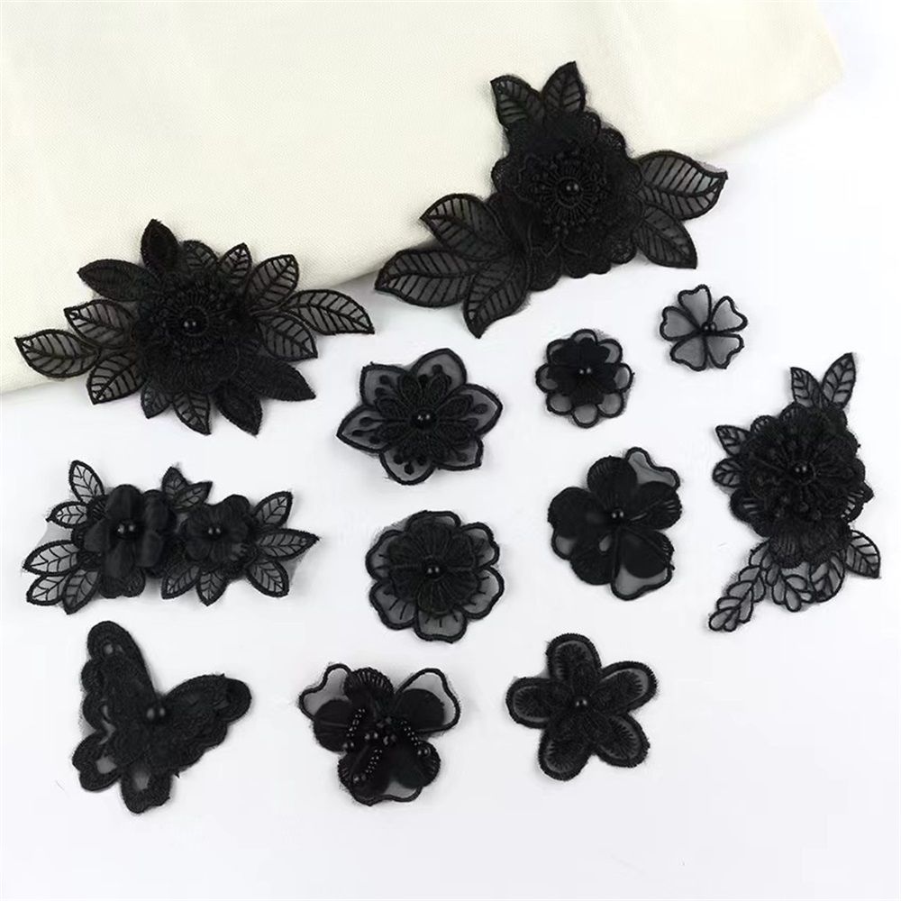2 set Black Mixed Style Embroidery Lace Flower and Patches Appliques DIY Sewing Craft for Decoration, Sew On Patches for Repairing and Decorating
