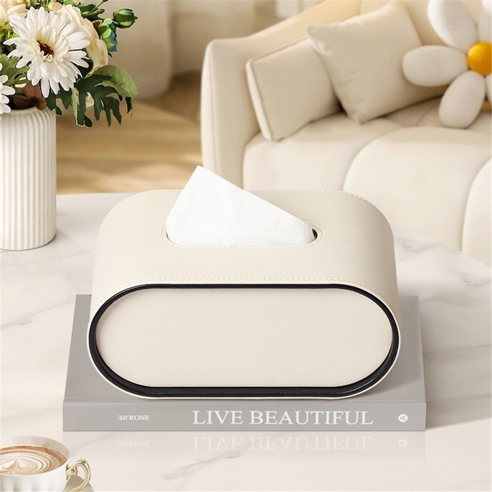 Tissue Box Cover,cream white Oval Leather Tissue Box Holders with Black Edging Accents,Decorative Tissue Covers for Bathroom Toilet Bedroom Living Room Table Desk Office Car