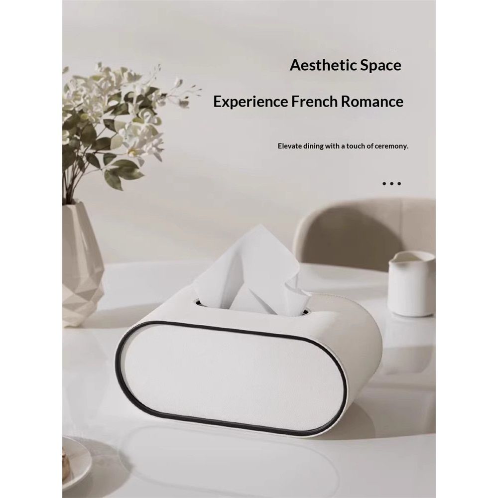 Tissue Box Cover,cream white Oval Leather Tissue Box Holders with Black Edging Accents,Decorative Tissue Covers for Bathroom Toilet Bedroom Living Room Table Desk Office Car
