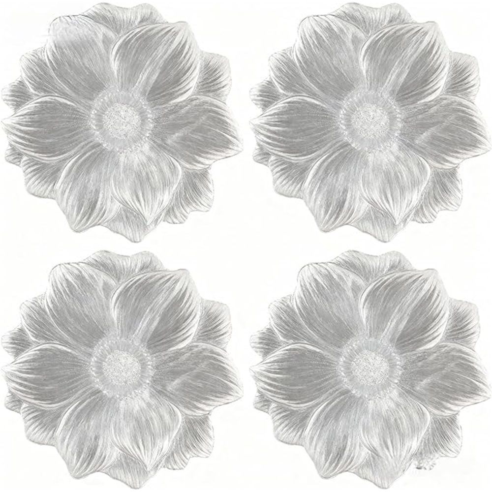 Silver Placemats 15" Set of 6, Pressed Lotus Flower Design, Washable & Non-Slip pvc - Perfect for Dinner, Holiday, Wedding Decor & Party Table Settings