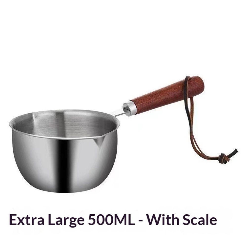 Stainless steel mini pot - butter warmer, (500ml) coffee/milk warmer, mini sauce pan for coffee, ideal for seafood butter warmers,melting pot With dual spouts and wooden handle