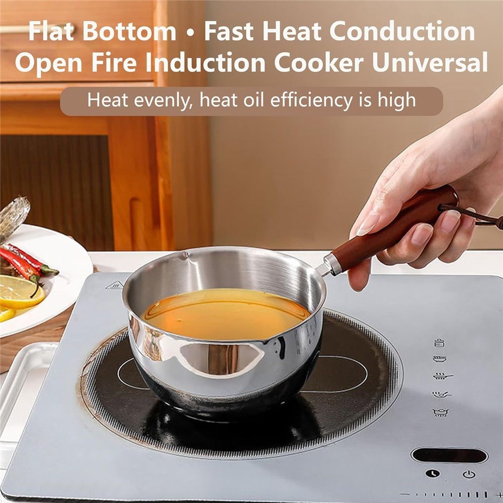 Stainless steel mini pot - butter warmer, (500ml) coffee/milk warmer, mini sauce pan for coffee, ideal for seafood butter warmers,melting pot With dual spouts and wooden handle