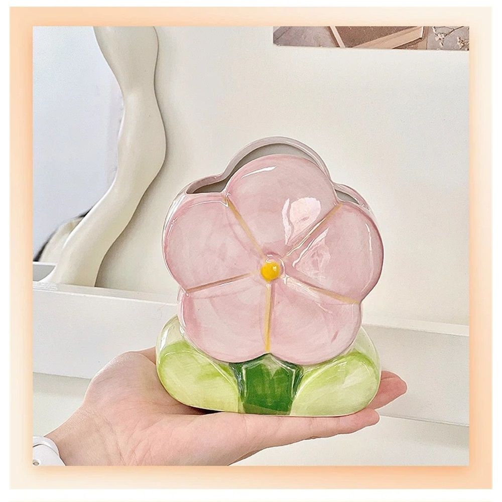 1 PC Flower Makeup Storage Box Ceramic Blossom Five Petals Pen Holder Pen Holder Desktop Storage Box (Pink)