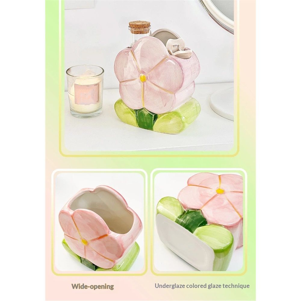 1 PC Flower Makeup Storage Box Ceramic Blossom Five Petals Pen Holder Pen Holder Desktop Storage Box (Pink)