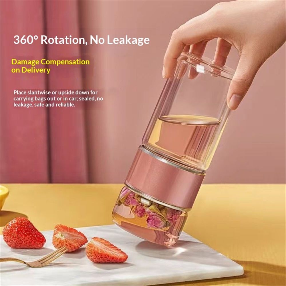 Tea InfuserBottle, 500ml Double Layer Leakage Proof Glass Water Bottle Travel Water Separation Tea Bottle Mug Cup for Office Travel Home(rose gold)